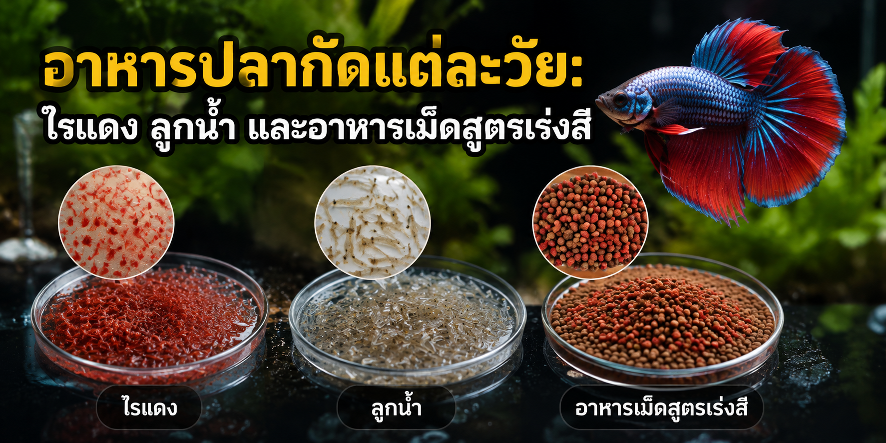 อาหารปลากัดแต่ละวัย: ไรแดง ลูกน้ำ และอาหารเม็ดสูตรเร่งสี